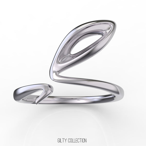 silver minimal petal motif statement ring top view 